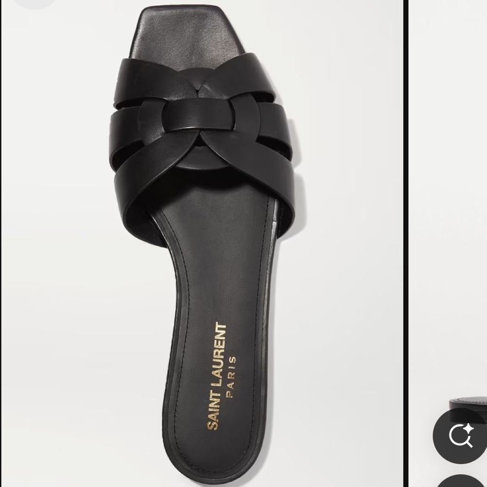Black woven leather tribute slides, price firm.